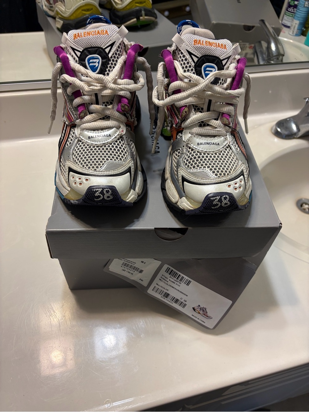 Balenciaga Kids Triple S Sneakers in White with Purple and Orange Accents